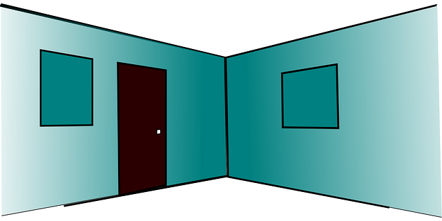 Náčrt miestnosti, interiér, architektúra, modré steny, dvere